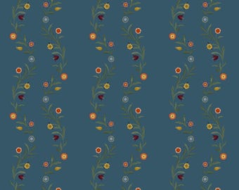 May Queen Wallpaper, Dusk Blue - swedish folk art inspired hand painted botanical wallpaper, hand painted floral