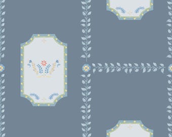 Folktale Wallpaper, Vintage Blue - large scale folk art inspired hand painted botanical wallpaper, hand painted floral nursery mural