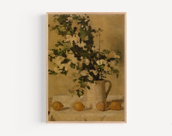 Impressão de pintura a óleo de natureza morta vintage com limões - impressão de pintura antiga - pintura de natureza morta com limão - impressão de arte cítrica com flores de limão
