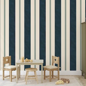 Carle Stripe - Blue, Painted tent stripe wallpaper, playful navy and light blue wide stripe wallpaper, removable peel & stick or traditional