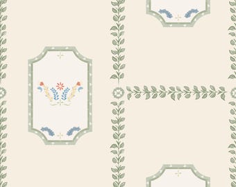 Folktale Wallpaper, Cream - large scale folk art inspired hand painted botanical wallpaper, hand painted floral nursery mural