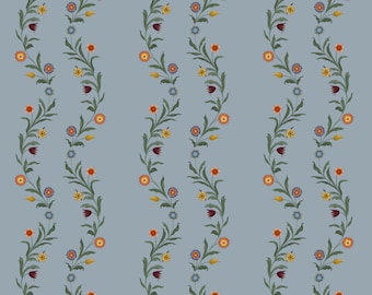 May Queen Wallpaper, Thistle Blue - swedish folk art inspired hand painted botanical wallpaper, hand painted floral