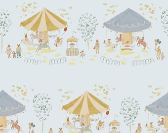 Carousel Wallpaper - Ice Blue, Madeline inspired wallpaper, Nursery wallpaper, animals playing on merry go round, kids room wallpaper