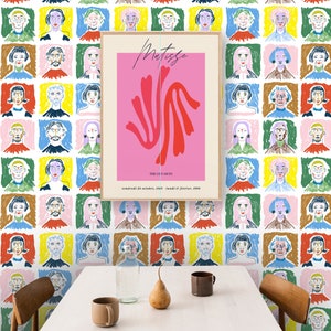 Portrait Party Removable Wallpaper, Vibrant hand sketched portraits, peel and stick eclectic boho colorful Copenhagen style people wallpaper