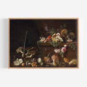 Vintage Still Life with Mushrooms and Flowers, 1600s Still Life Painting, Antique Oil Painting Print, Dark Academia Aesthetic Vintage Art
