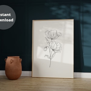 Poppy Flower Minimalist Line Drawing Floral Wall Art. Botanical Floral Print Instant Download. August Birth Flower Sketch California Poppy