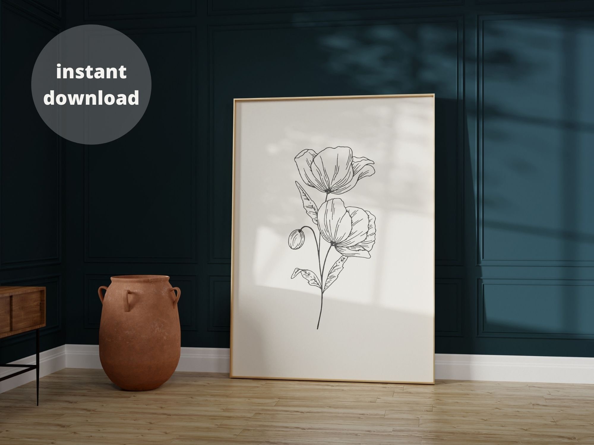 Poppy Flower Minimalist Line Drawing Floral Wall Art. Botanical Floral Print Instant Download. August Birth Flower Sketch California Poppy