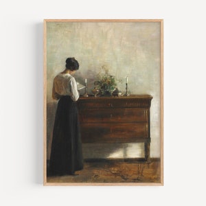Vintage Interiors Woman Reading Oil Painting Print, 1800s Danish painting, Antique Oil Painting, Interior scene, Light Academia Aesthetic