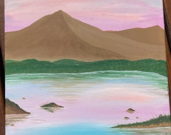 OASIS painting, sunset painting, mountains, acrylic painting, paint on canvas