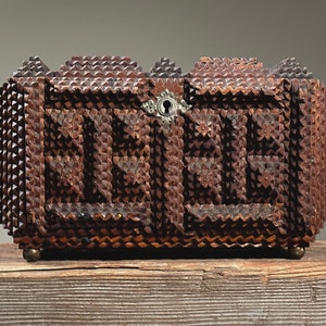 Antique Tramp Art Box with Damask Floral Silk Bottom