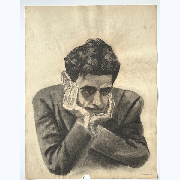 Vintage 1940s Realist Portrait of Bored Man in Suit by Anthony Ferrara, Signed (Charcoal on Paper)