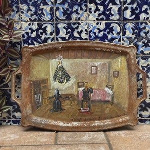 Vintage Mexican Folk Art Retablo on Silver Tray by Jose Lago, Signed (1951, Oil on Metal)