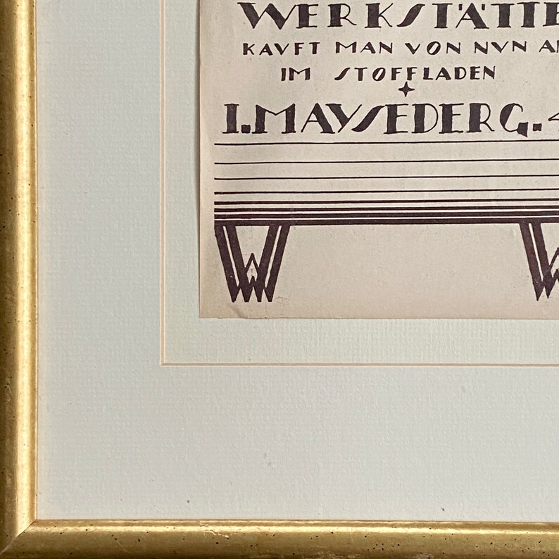 May include: A vintage advertisement for a textile workshop, featuring the text "Werkstatte" and "I. Mayeder G." in a decorative font.