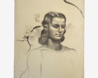 Retrato antiguo de estilo Art Nouveau de una mujer con flores de cerezo (carboncillo sobre papel tejido).