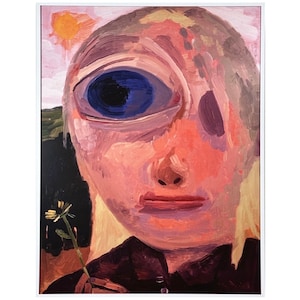 May include: An abstract painting of a face with a large blue eye and a small daisy. The artwork uses pink, brown, and yellow hues, with a white frame. The style is reminiscent of expressionism.