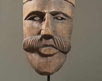 Vintage Hand Carved Mexican Folk Art Mask of a Man with Mustache