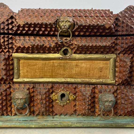 Tramp Art Jewelry Box With Metal Lion Pulls —ON H… - image 8