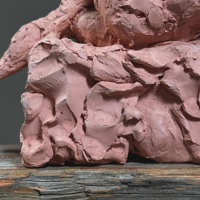 May include: A close-up of a sculpture made of pink clay. The clay is textured with rough, uneven surfaces and appears to be in the process of being formed. The sculpture is set against a neutral gray background and rests on a wooden surface.