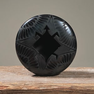 Salvator Baca - Vintage Polished Mata Ortiz Blackware Vessel with Turtle Opening, Signed