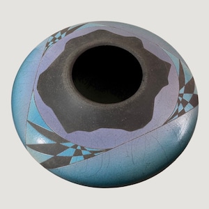 Vintage Wood Fired Blue Geometric Postmodern Crackle Glazed Ceramic Seed Pot, Signed (1987)