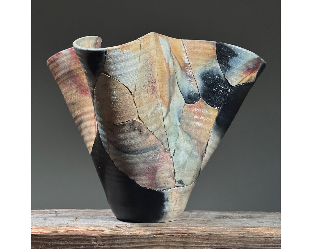 Vintage Organic Modern Raku Fired Mosiac Handkerchief Ripple Ceramic ...