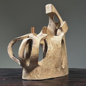 Vintage Slab Built Modernist Stoneware Candelabra Sculpture, Signed/Art Nouveau/Gaudi