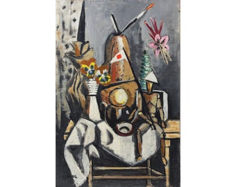 Frederick Childs - Modernist Still Life with Pansies, Vase, and Mannequin, Signed (1963, Oil on Board)/Leger