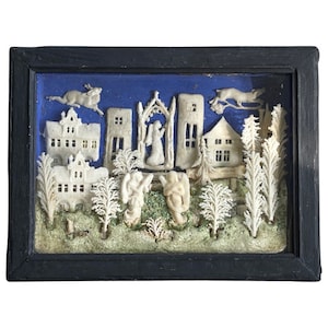 Antique 19th Century Folk Art Religious Cityscape Diorama Shadowbox, Framed