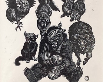 Fritz Eichenberg - Reynard el Zorro, grabado en madera, edición de 25 ejemplares (firmado, certificado de autenticidad)