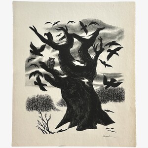 May include: A black and white illustration of a large tree with many branches. The tree is surrounded by a flock of birds in flight. The image is set against a cloudy sky.