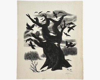 Richard Hood - ‘Owl and Crows’ Lithograph on Wove Paper, Signed (c. 1938)/Edgar Allen Poe/Munch