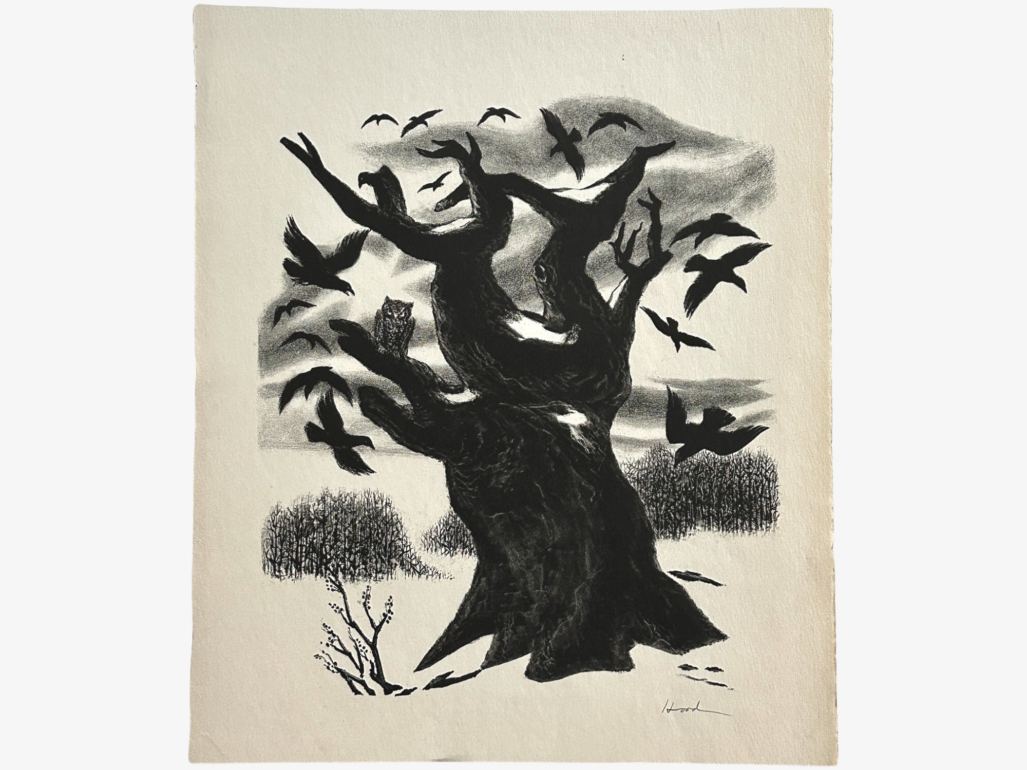 Richard Hood - ‘Owl and Crows’ Lithograph on Wove Paper, Signed (c. 1938)/Edgar Allen Po