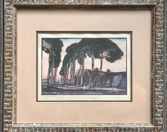 Przedmieścia flamandzkiego miasta – Yoshijiro Urushibara, sygnowane (1924, kolorowy drzeworyt)