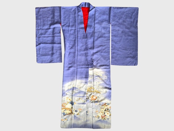 Vintage Japanese Purple Silk Kimono with Cloud an… - image 1