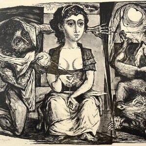 May include: Black and white lithograph print of a woman sitting with a bull and two figures in the background. The woman is wearing a dress and holding a spool of thread. The bull is lying down and the figures are standing behind the woman.