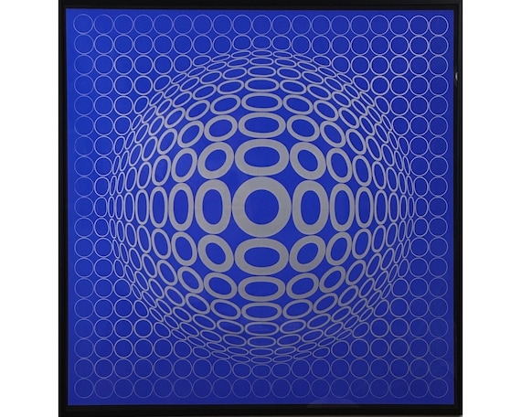 Victor Vasarely - 'tuz' Silver Screenprint on Blue Background