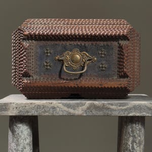 Antique Chip Carved Footed Tramp Art Box with Blue Velvet Inserts