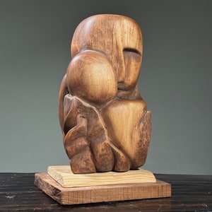 Vintage Hand Carved Abstract Modernist Figurative Sculpture, Signed