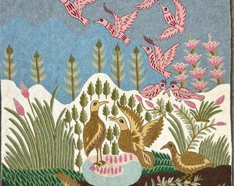 Paisaje con pájaros para colgar en la pared con bordado de arte popular vintage