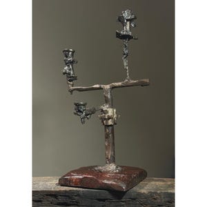Vintage Large Brutalist Studio Art Metal Candelabra with Hand Carved Base