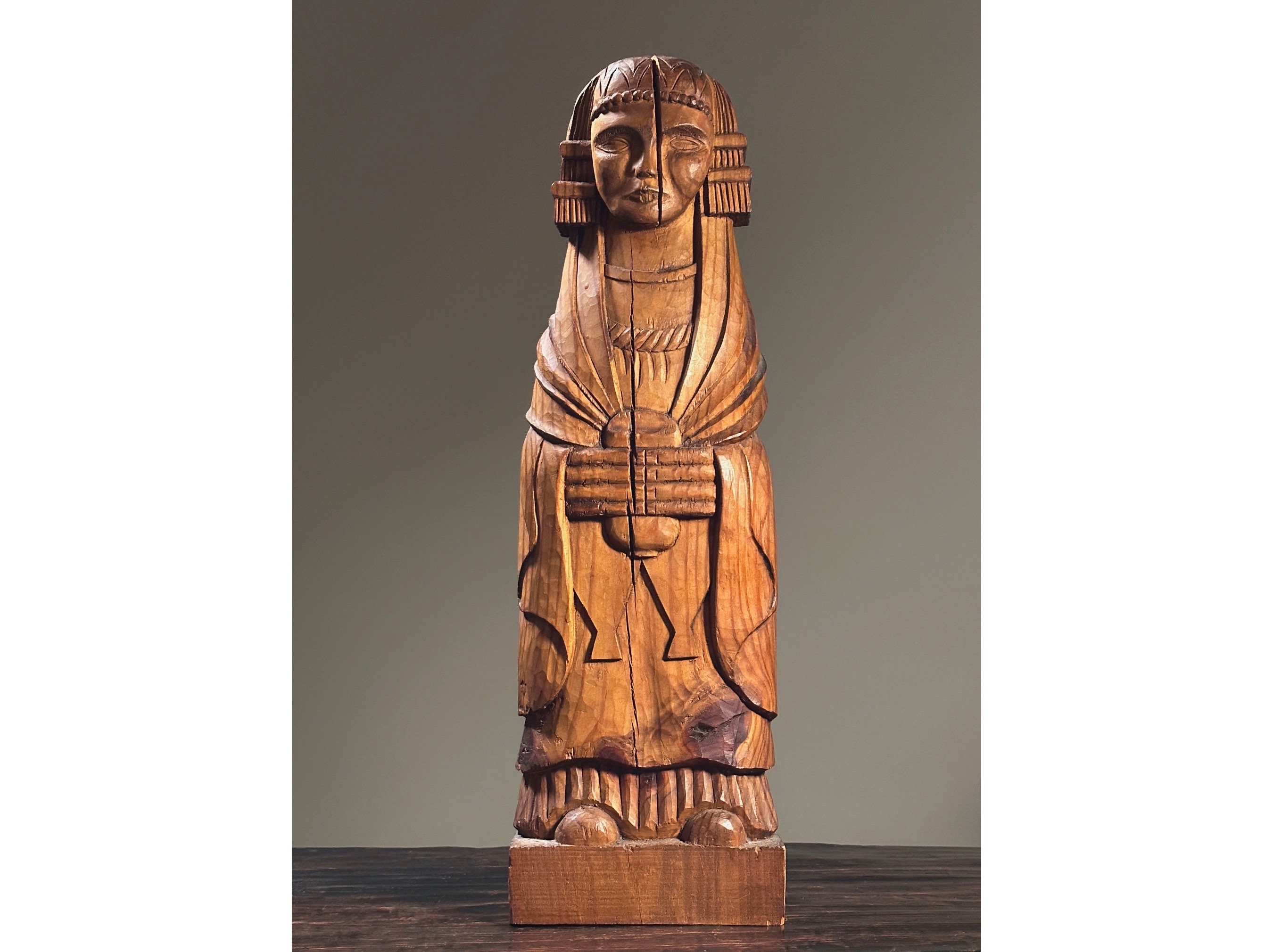 Vintage Hand Carved Folk Art Draped Figurative Sculpture/Outsider Art