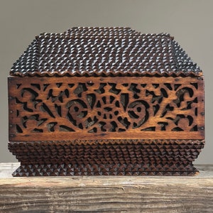 Antique 19th C. Double Lid Tramp Art Box with Hand Carved Fretwork Panels/Folk Art