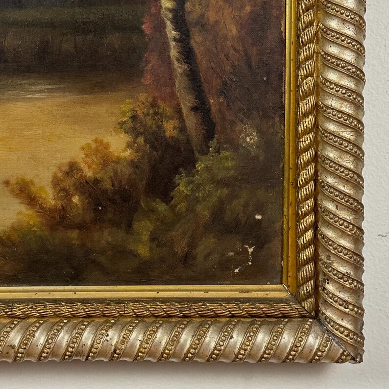 Antik solnedgångslandskap med sjö och kor, olja på duk bild 5