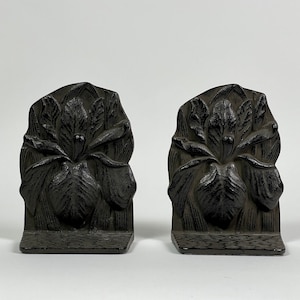 Vintage Art Nouveau Style Japanese Cast Iron Iris Flower Bookends
