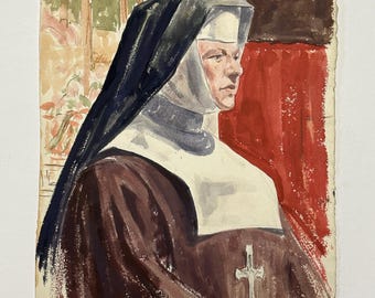 Retrato expresionista vintage de una monja de Marlene Miller, firmado (c. 1950, acuarela sobre papel)