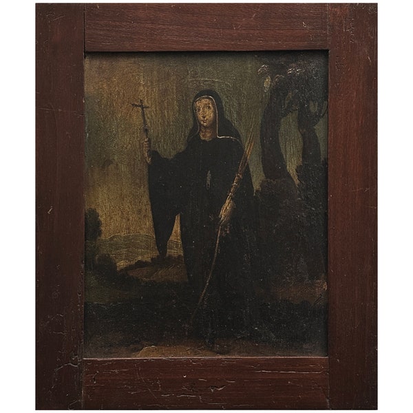 18th Century Gothic Portrait of Spanish Nun With Crucifix in Wood Frame (Oil on Board)