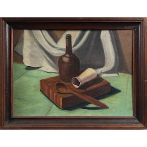 Vintage Still Life with Cutting Board, Bottle, and Spoon, Signed (c. 1950, Oil on Board)