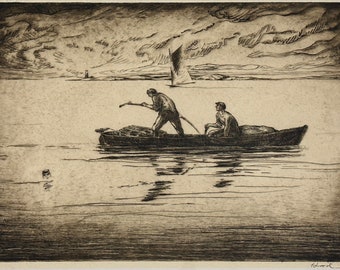 Richard Hood - Antique Nautical Seascape with Boat and Figures Etching, Signed (c. 1937, Framed)