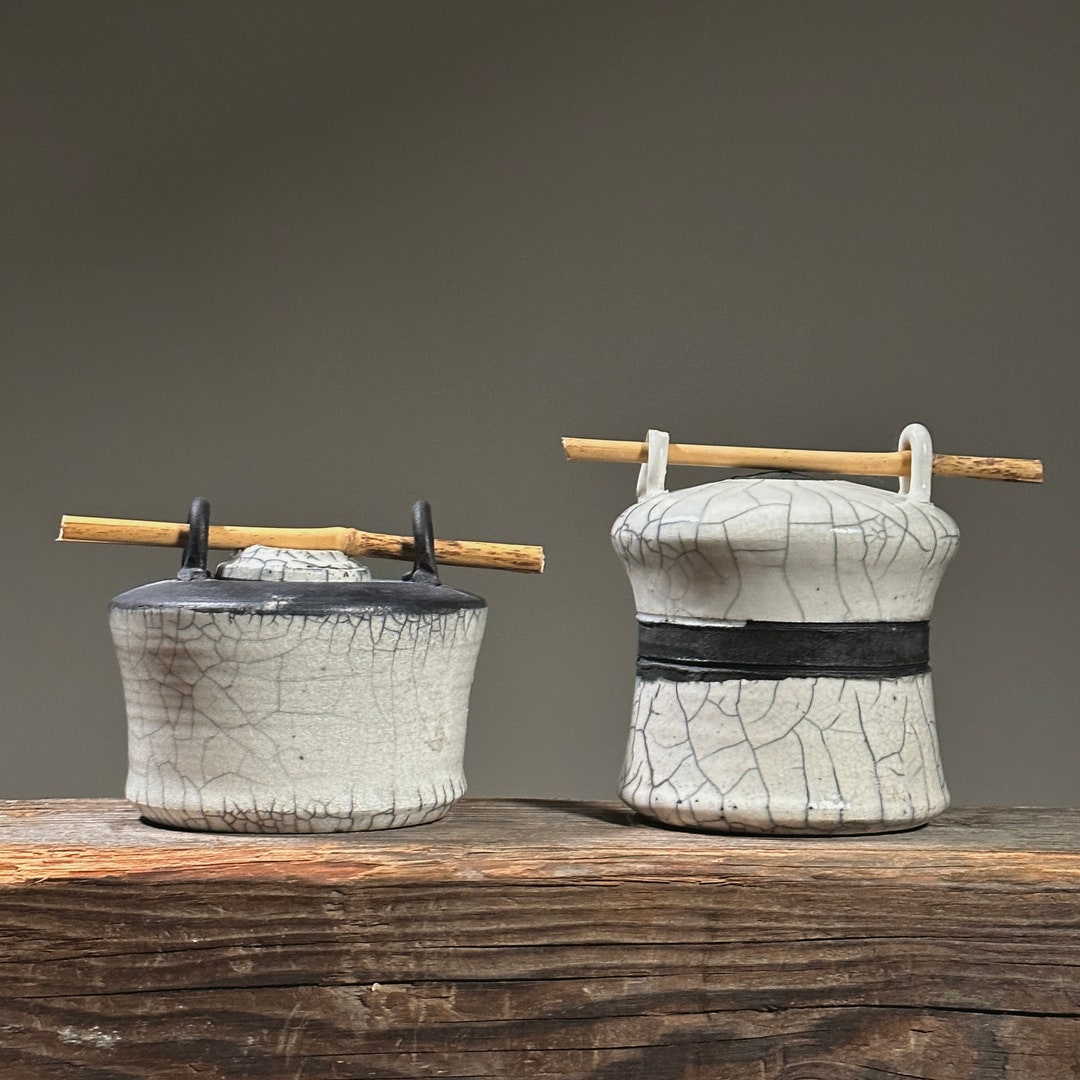 Pair of Vintage Japanese Studio Craft Raku Fired Stoneware Canisters ...