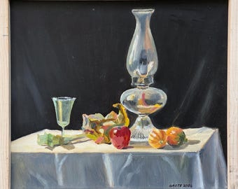 Vintage Expressionist Still Life With Glass And Fruit, Signed (Oil On Panel)